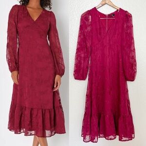 Essential Grace Burgundy Chiffon Embroidered Midi Dress